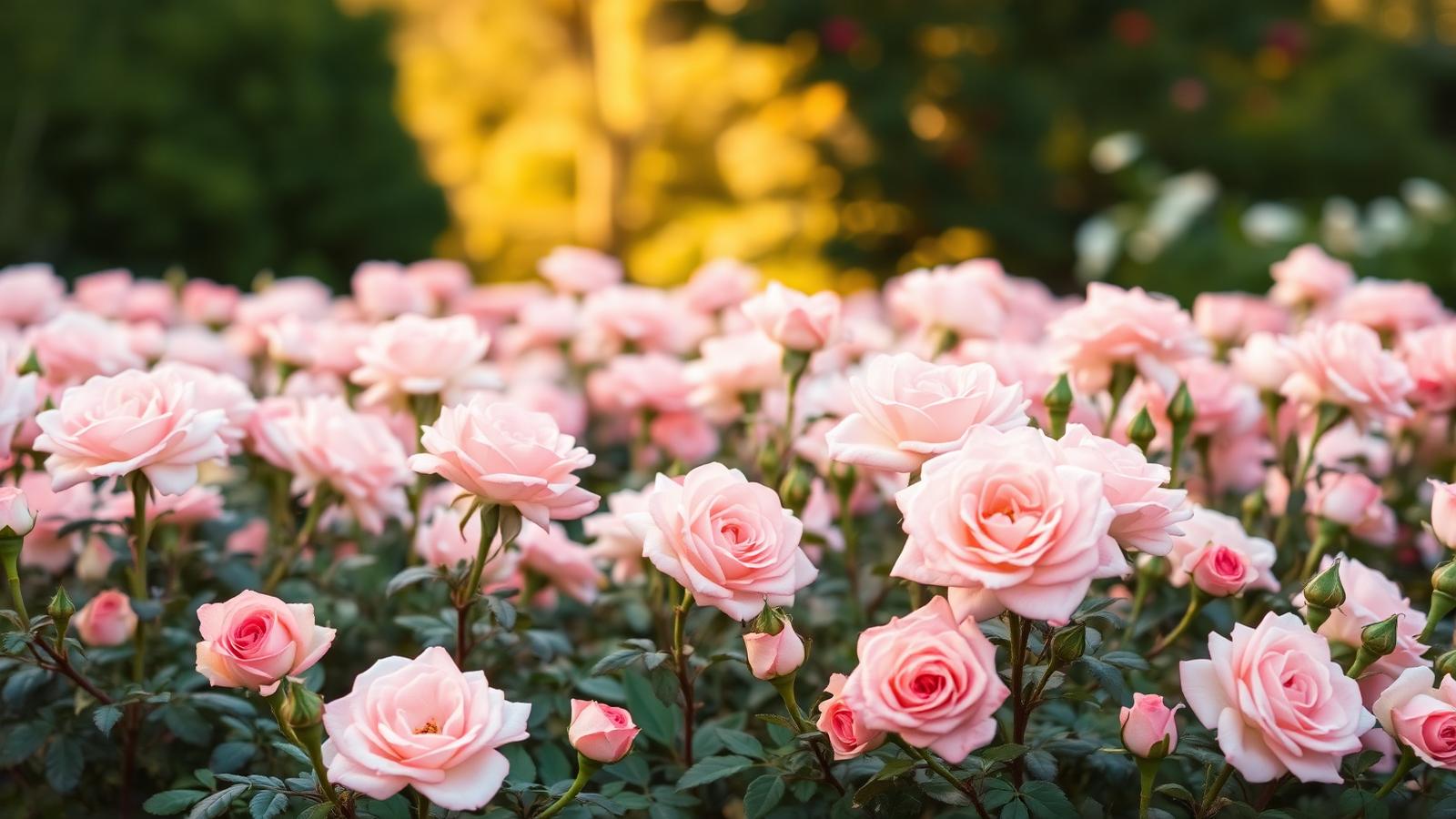 Garden of soft pink roses in golden light