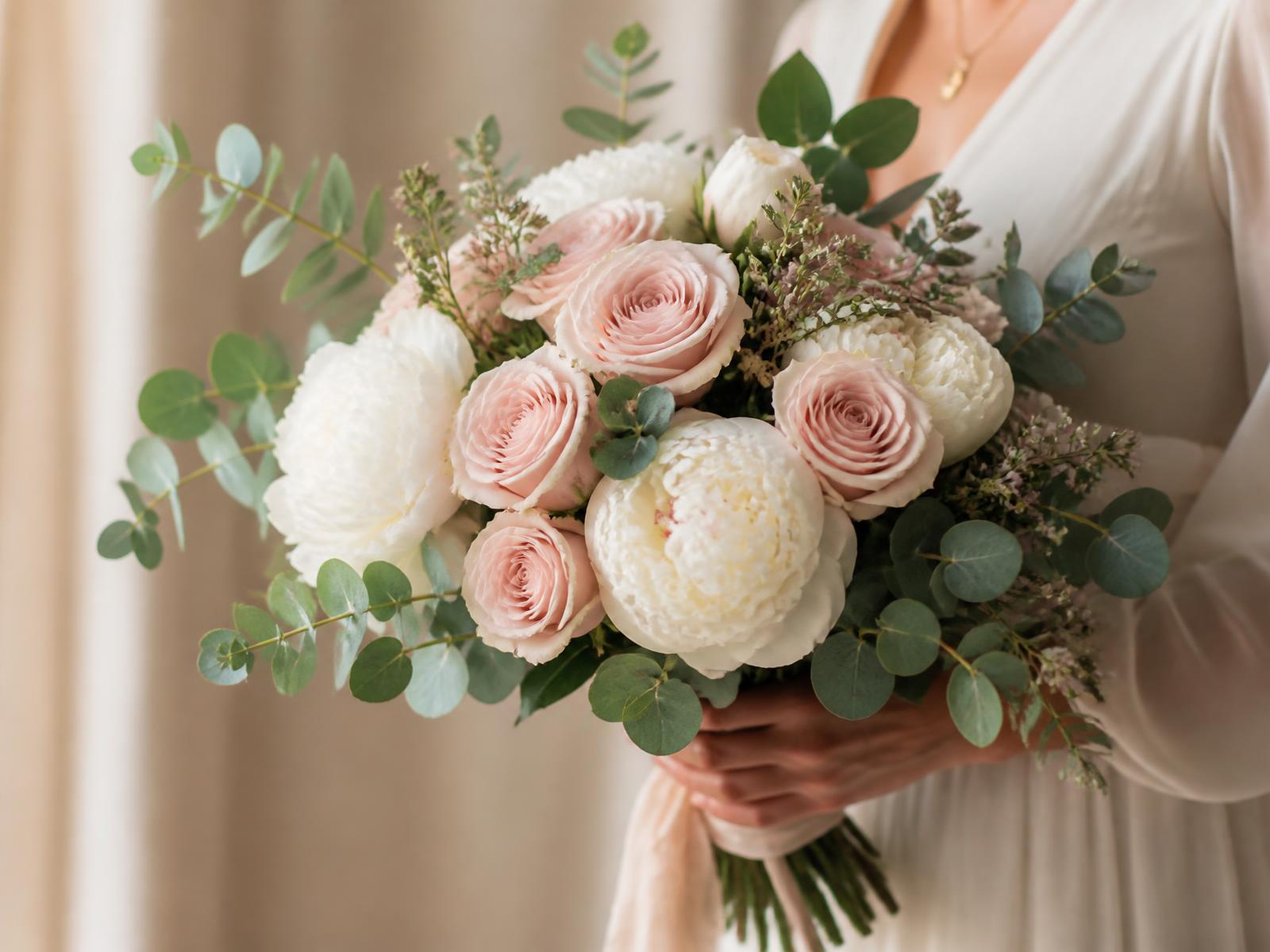Elegant hand-tied bouquet of blush roses and white peonies